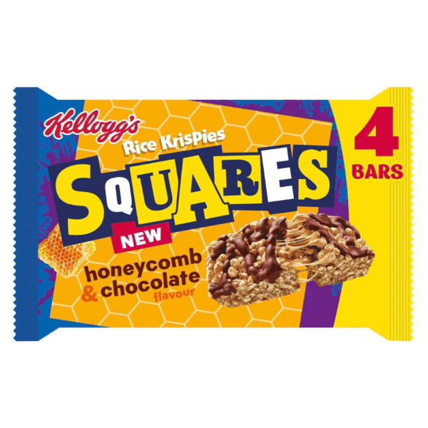 Kellogg’s Rice Krispies Squares Honeycomb & Chocolate Flavour Cereal Bars, 4 x 33g